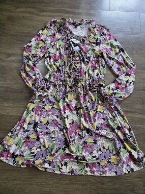 NWT Lauren Ralph Lauren Floral Ruffle Neck Dress Long Sleeve Size 8
